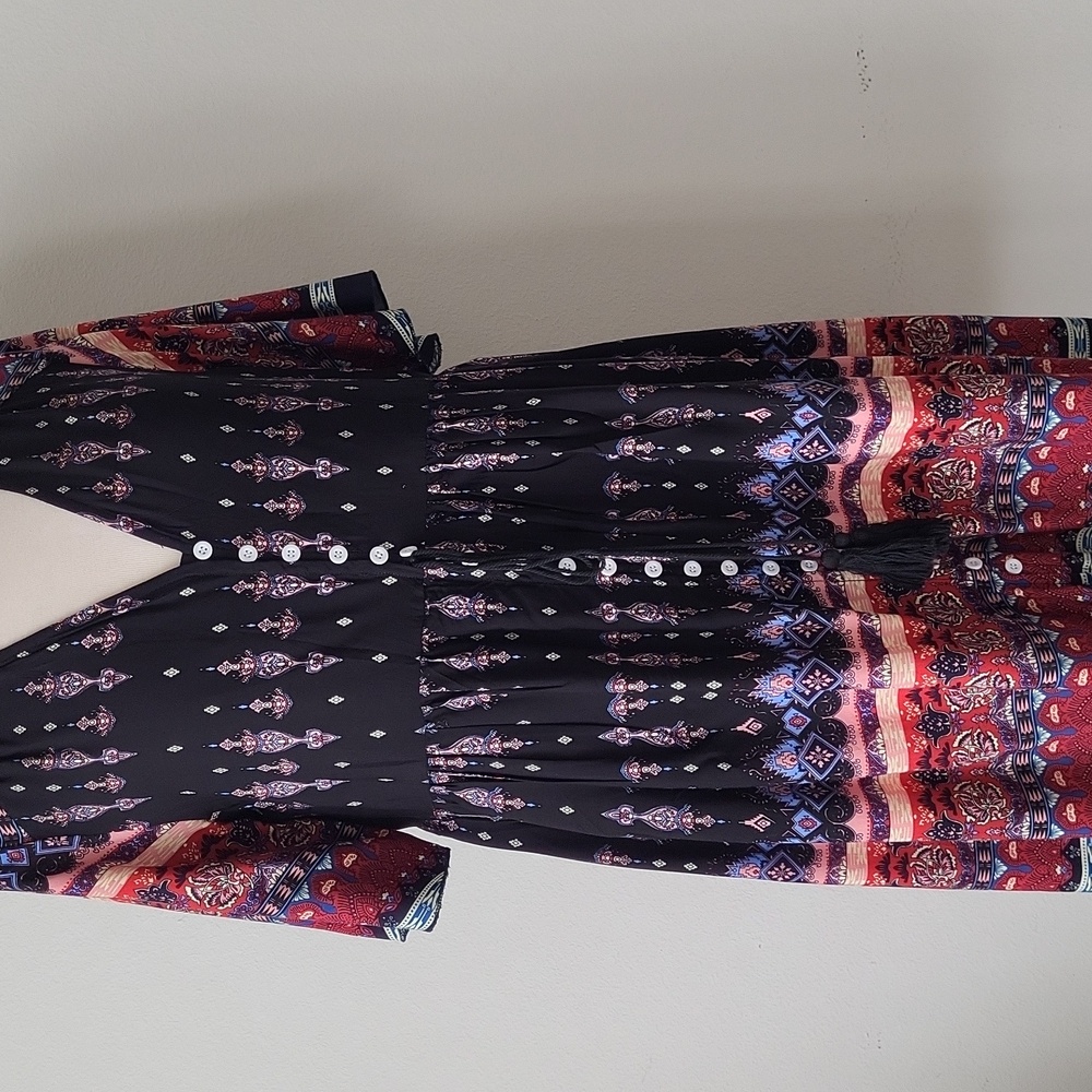 Boho Black Multi Color Floral Dress Button Front Accent Tassel  Rayon